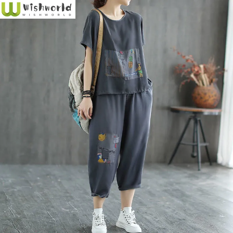 Retro Art Print Short Sleeve T-shirt Casual Wide Leg Pants Two Piece Elegant Women's Pants Set Summer Outfits Tracksuit summer men set polo shirt shorts retro 2piece casual streetwear hawaiian shirts zipper tracksuit beach outfit for man clothes