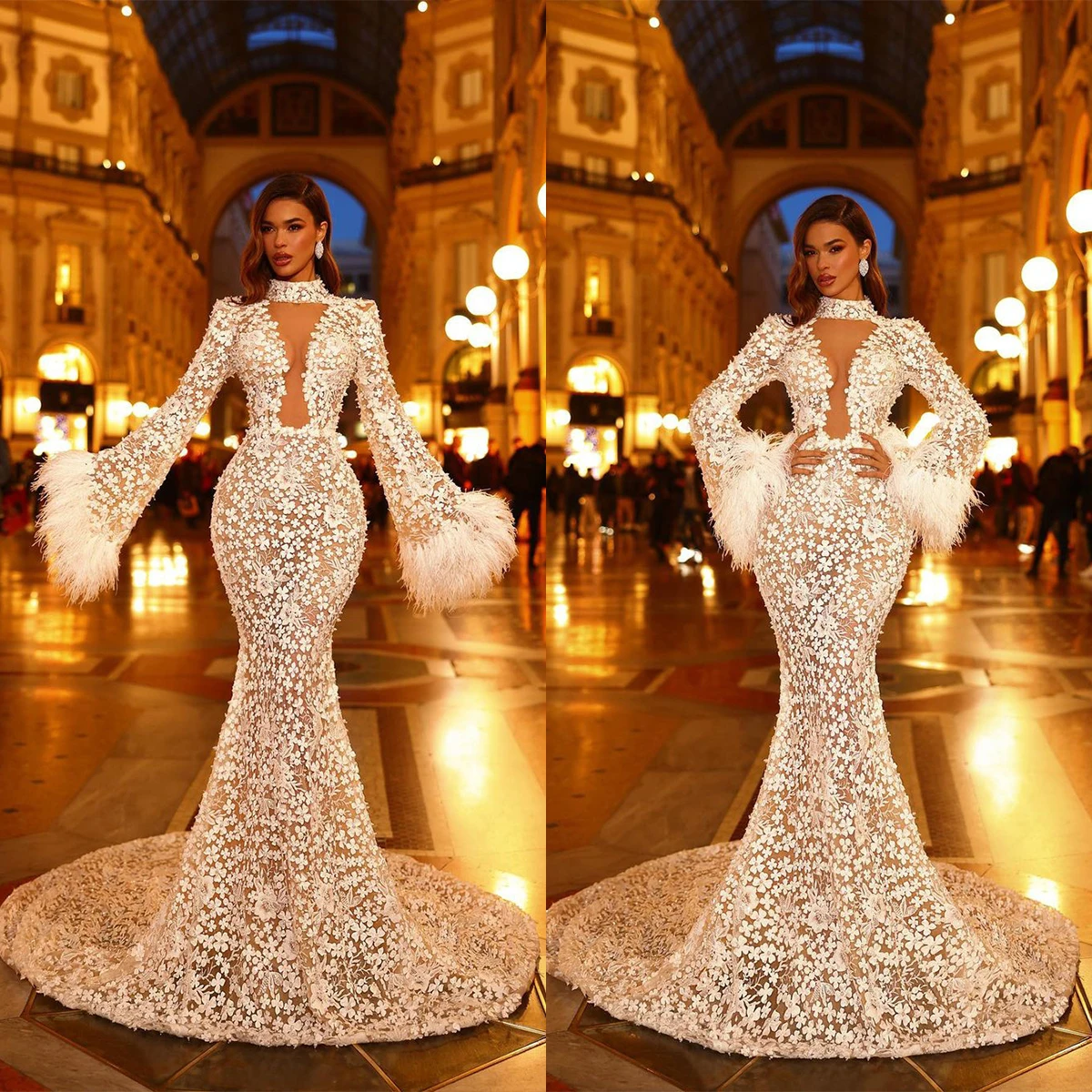 

Graceful Lace Applique Mermaid Wedding Dresses Feather High Collar Illusion Bridal Gowns Custom Made Robes De Mariée