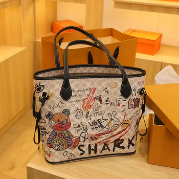 Borsa a secchiello da donna stampata con motivo orso, borsa tote graffiti, borsa a mano di lusso firmata, borsa a tracolla grande capacità per lo shopping
