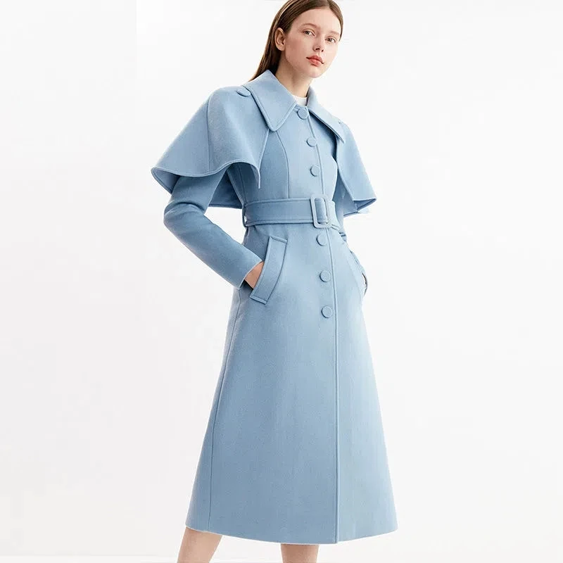 

2022 New European American Style Fashion Woolen Coat Women's Belt Slim Fit Swing Large Cape-Style Temperament Mid-Length Jacket