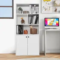 3-Tier Bookcase with Doors, 61" Tall Bookshelf with 4 Open Cubes & Adjustable Shelf, Modern Wood Display Cabinet, 2