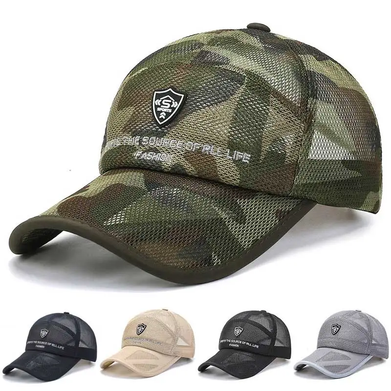 Tarnung Sommer Baseball mütze für Männer atmungsaktive Mesh große Krempe Frauen Strand Sonnenhut Letter Stickerei Outdoor Sport Angel kappe