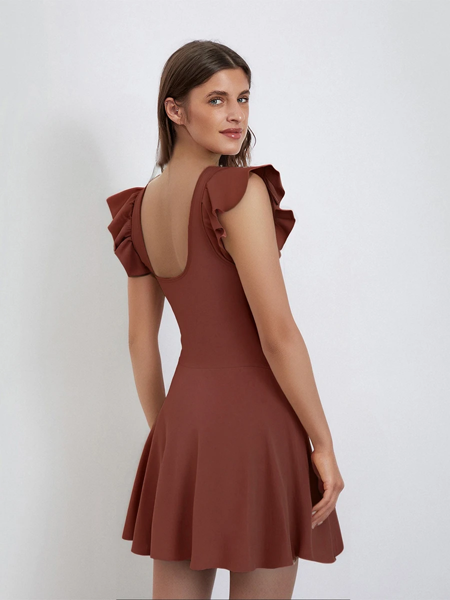 Women Solid Color Swim Dress Slim U Neck Fly Sleeve Side Tie-up Backless Mini Swimsuit Dress Casual one_piece Swimwear for women 6