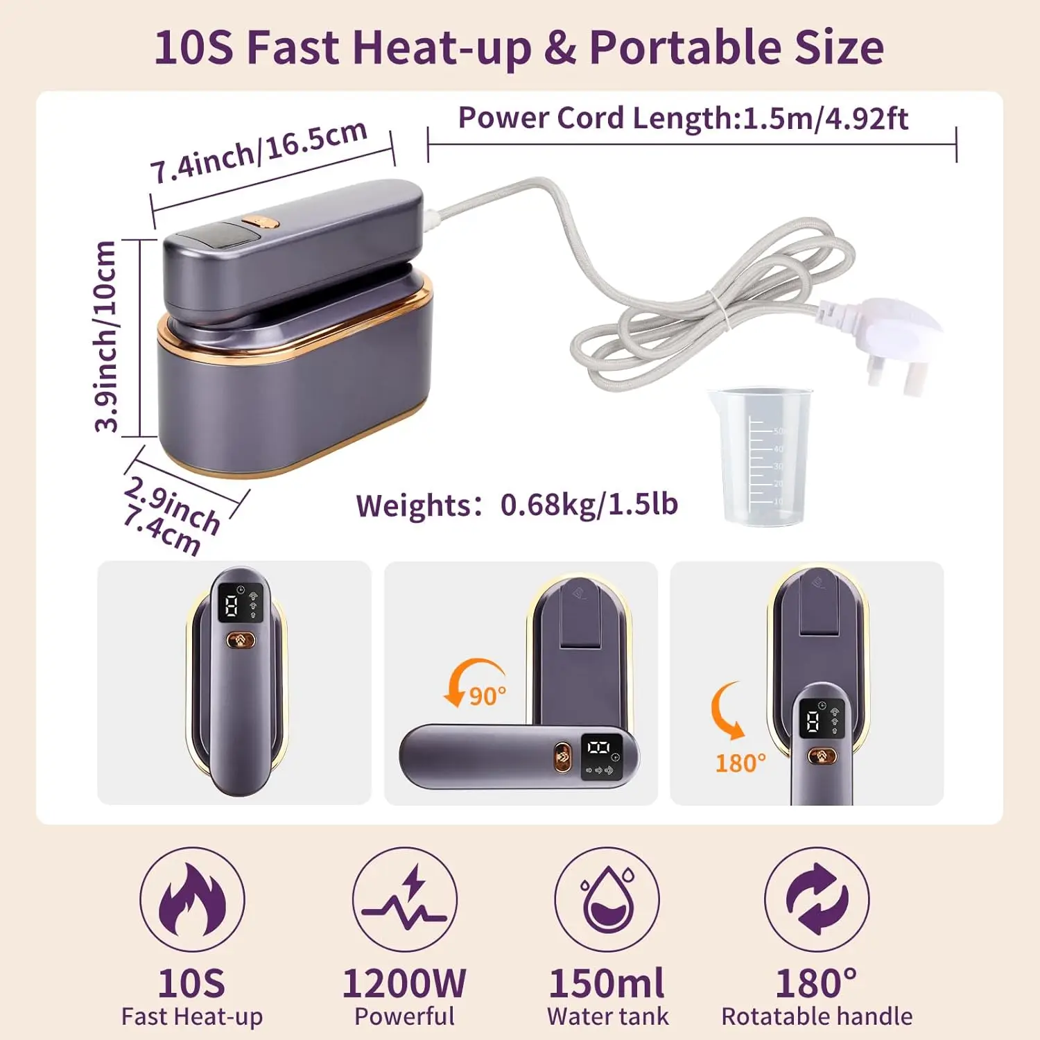 Portable Clothes Steam Iron 180° Rotatable Handle 3 Levels Handheld Garment Steamer 1200W Fast Heating 150ml Tank for Travel 5