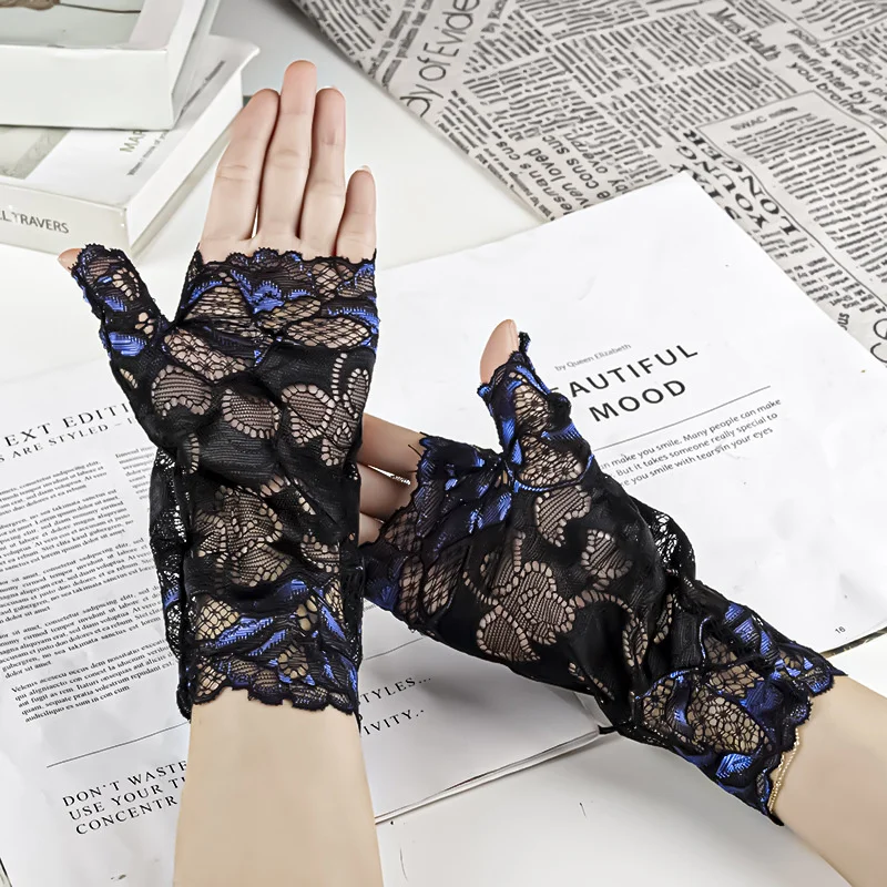 

Elastic Lace Sunscreen Gloves Summer Women Ice Half Finger Tattoo to Cover Scars Show Driving Sleeve