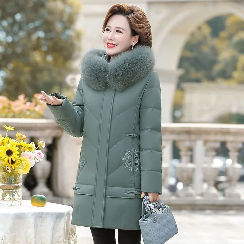 2023 New Women Down Jacket Winter Coat Female Keep Warm Thick Parkas Loose Long Outwear Artificial Fur Collar Hooded Overcoat