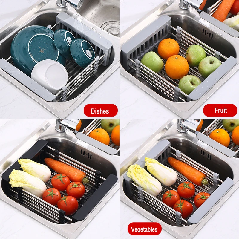 Adjustable Drain Rack Stainless Steel Sink Drain Rack Fruit Vegetable Drain Basket Kitchen Retractable Drying Rack 4