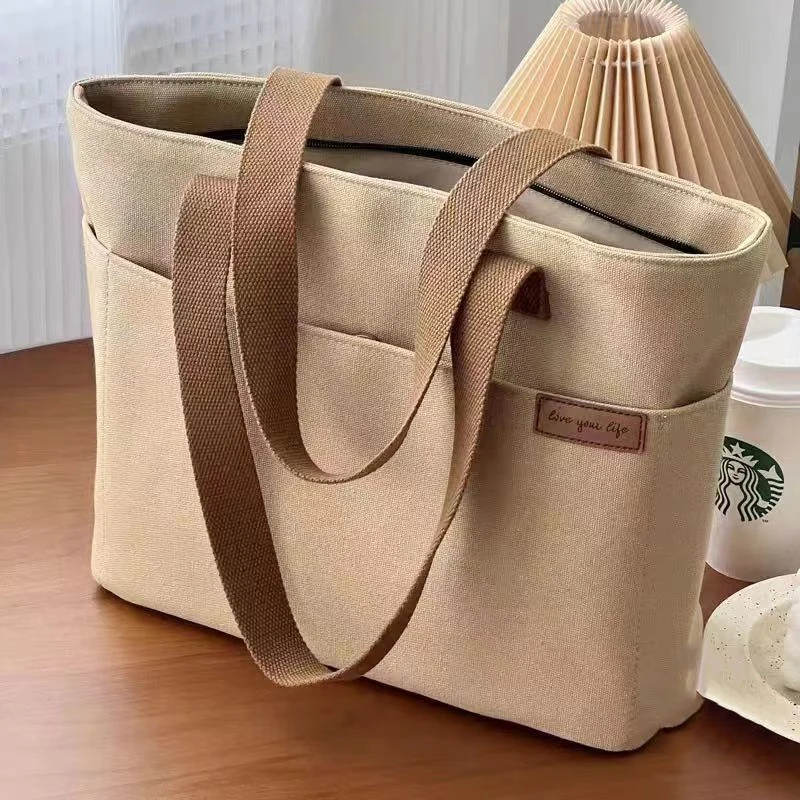 Leinwand Einkaufstasche Für Frauen 2 schicht Lagerung Tasche Große Kapazität Student Pendeln Tragetasche Tragbare Schulter Handtaschen Einkaufstasche – Detail 17