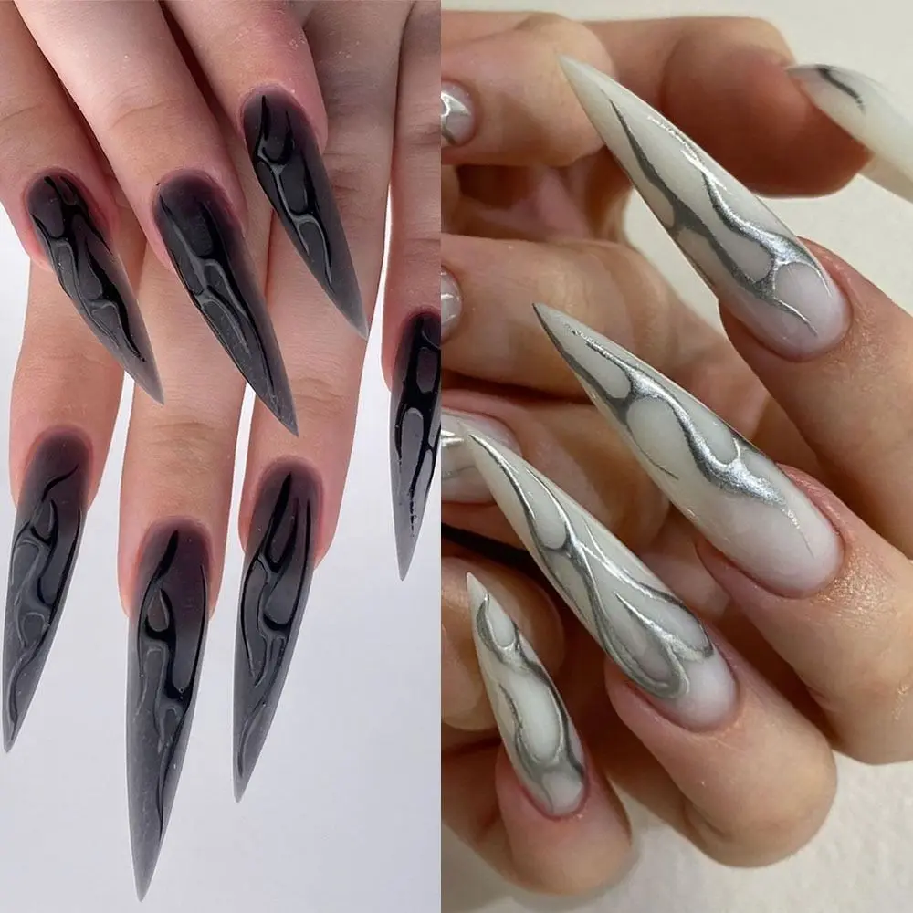 Fashion Long Stiletto False Nails French Full Cover Nail Tips Mechanical Silver Black Vine Detachable Fake Nails DIY
