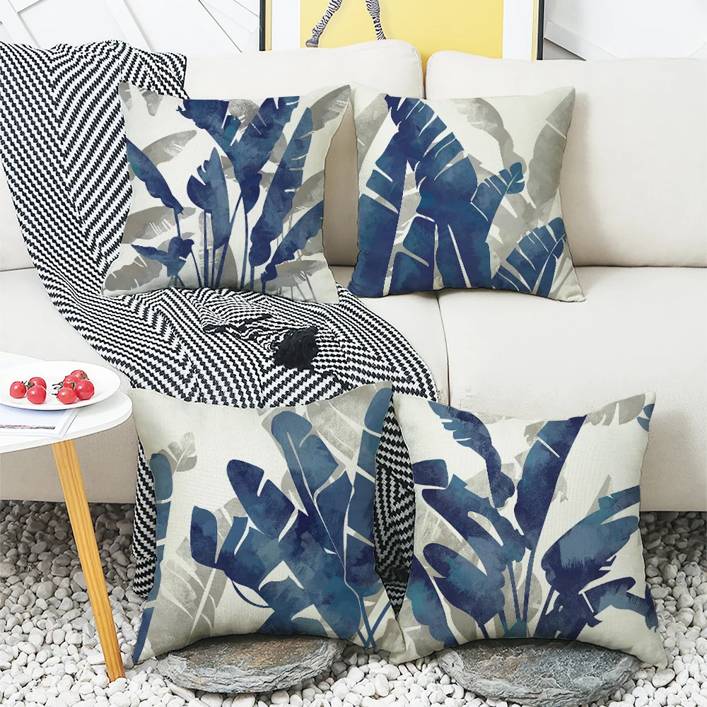 

Sofa Linen Pillow Cushion Cover 45x45 Cm Blue Leaf Unique Home Decoration Plant Banana Leaf Printing Car Bedside Pillow Case