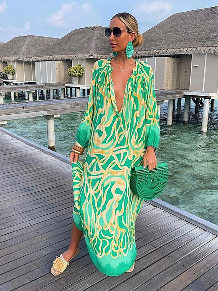 Vintage Women's Swimsuit Woman 2023 Cover Up Beach Dress Kaftan Sexy Deep V-neck Bikini Cover-ups Dresses Swimwear kimono Robe