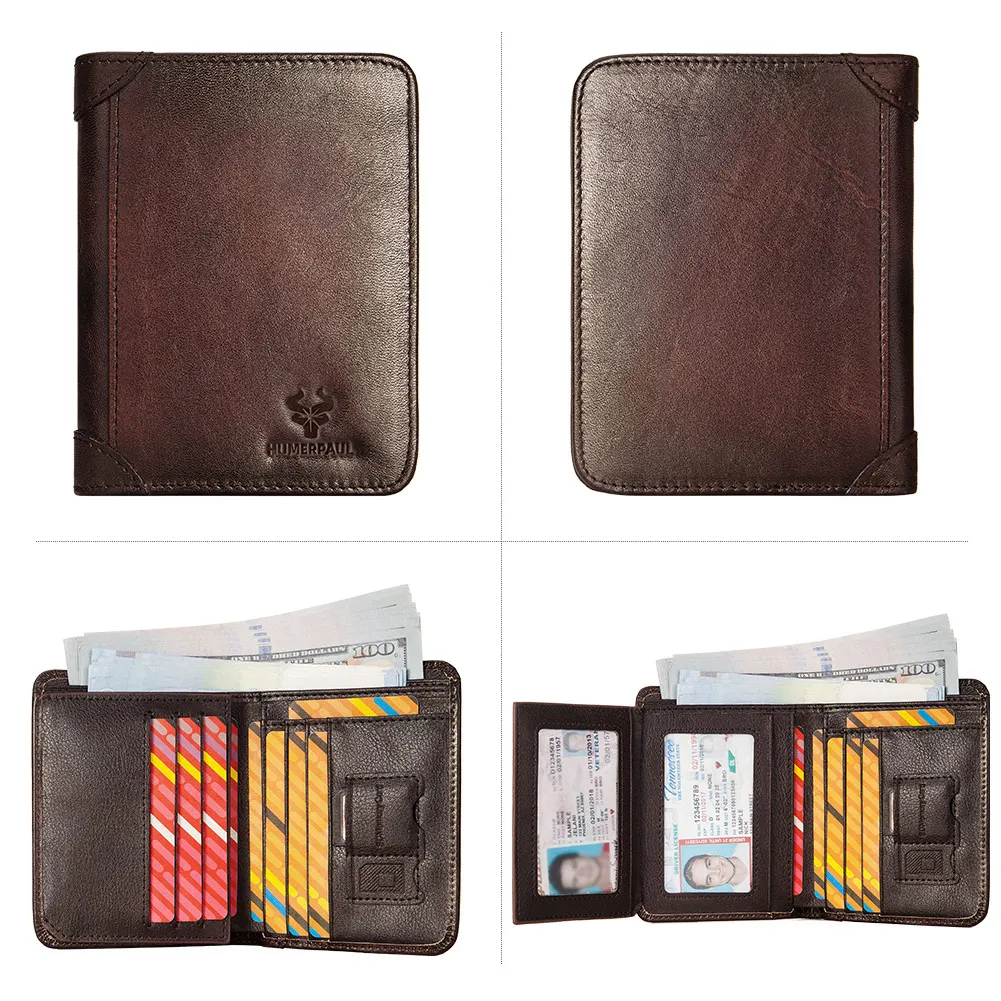 Genuine Leather Mens Wallet RFID Blocking Card Holder ID Money Bag Slim Male Trifold Multi Function Clutch Coin Purse Luxury 2