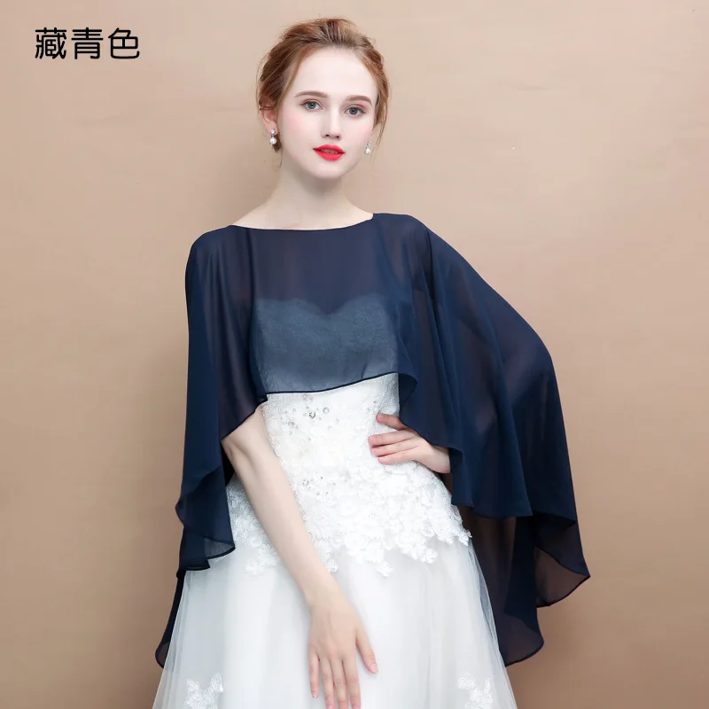 

2022 Spring Summer New Chiffon Solid Color Pullover Cloak Lady Thin Shawl Women Sunscreen Cover Arms Poncho Capes Navy