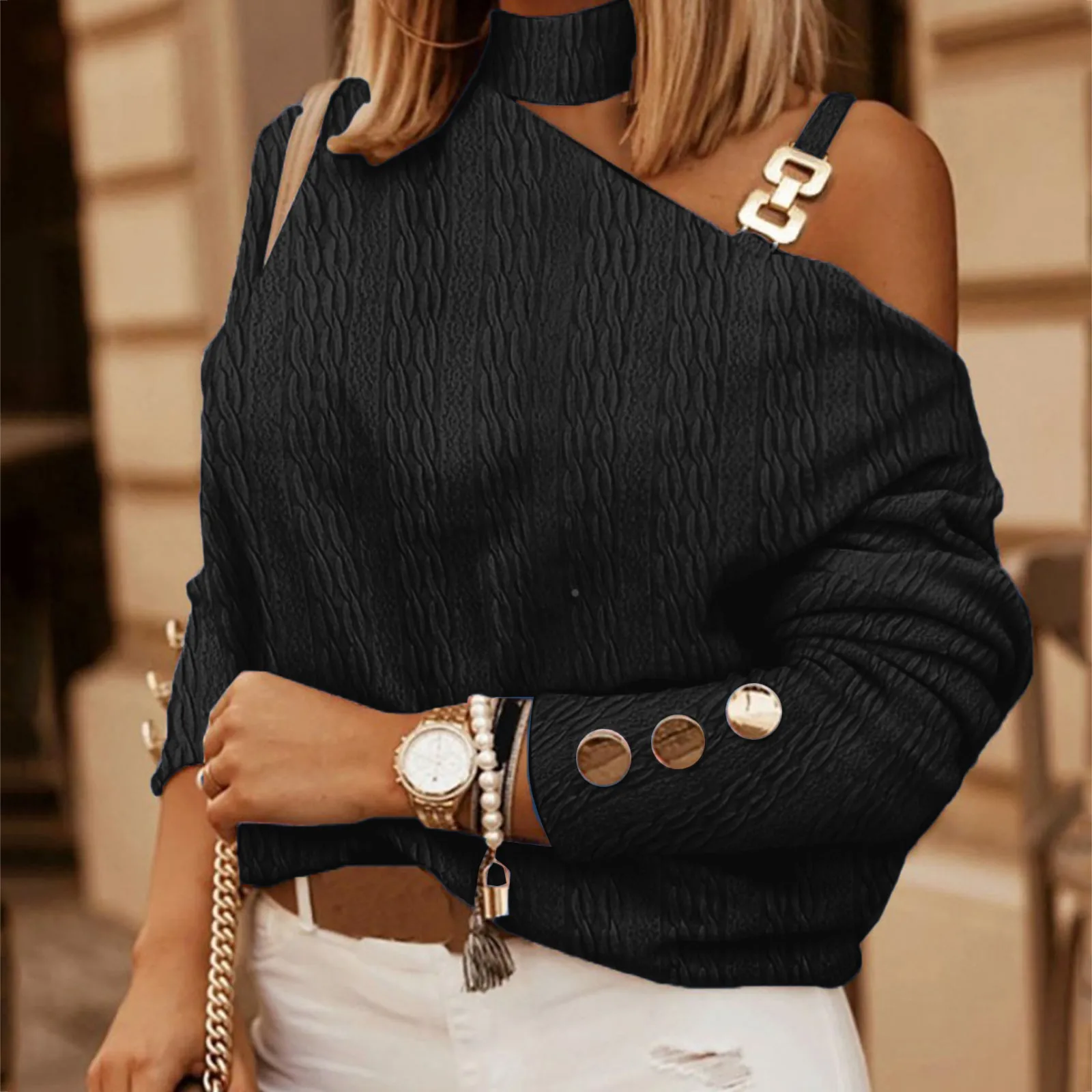 

Футболка женская с длинным рукавом, пикантная модная свободная офисная блузка с круглым вырезом, украшенная цепочкой и пуговицами, с открытыми плечами