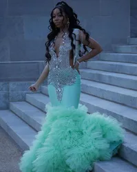 Mint Green Long African Evening Formal Dress for Women Ruffles Silver Diamond Crystal Black Girl Prom Gala Birthday Gown