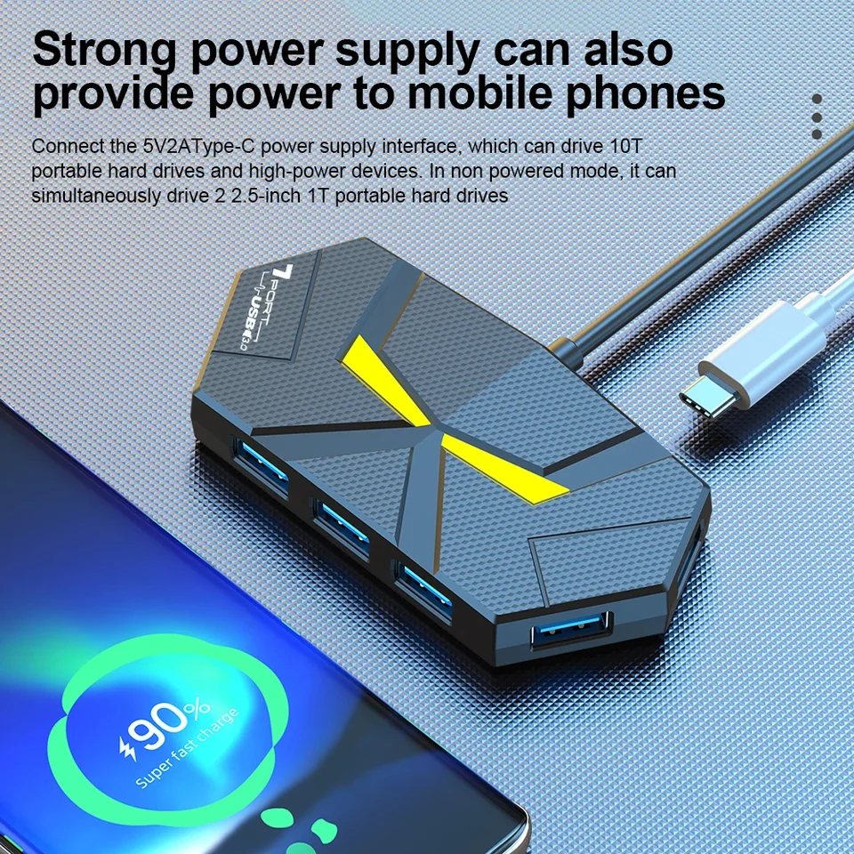 7 Ports USB 3.0 HUB Type C Docking Station 5Gbps High Speed Transmission Splitter Adapter For Laptop Hard Drive Mouse_voghion.com