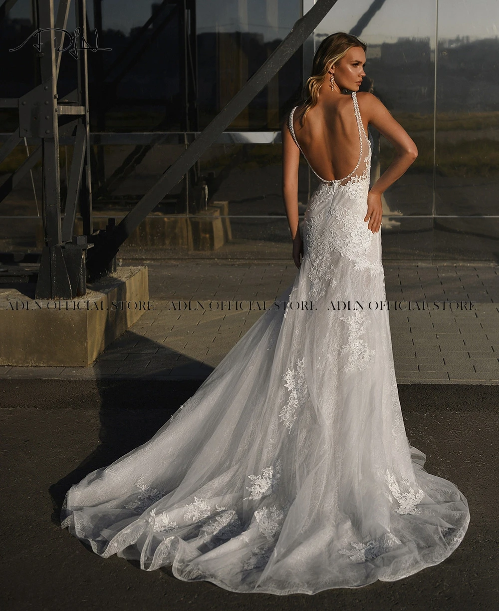 Chic V-neck Lace Mermaid Wedding Dresses Customized Backless Court Train Beaded Civil Bridal Gown Bohemian Vestido de Noiva 5