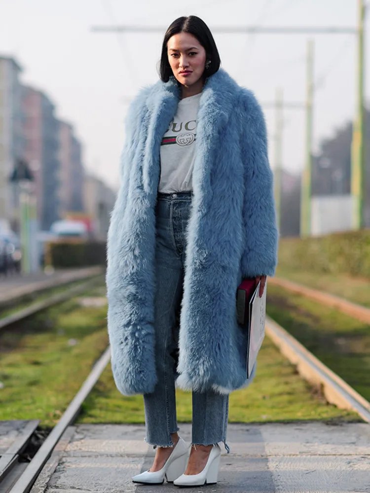 DEAT Fashion Women's Faux Fur Coat Lapel Loose Long Sleeve