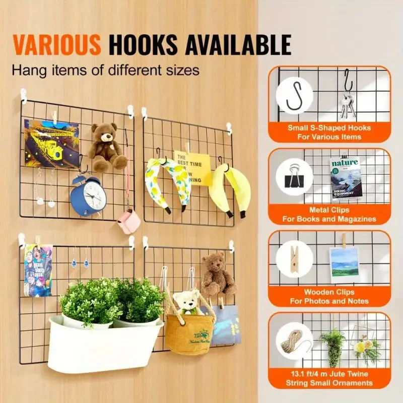 2/4/6pcs - Photo Wall Grid Panel, Photo Hanging Display, Metal Mesh Wall Decoration, Multi functional Hanging Painting