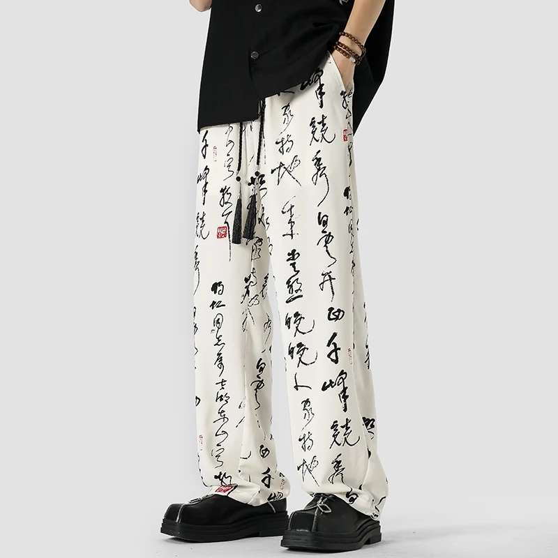 

Male Daily Long Pants Casual Chinese Letters Pattern Harem Pants Pockets Elastic Waist Pants Hawaiian Beachwear Long Trousers