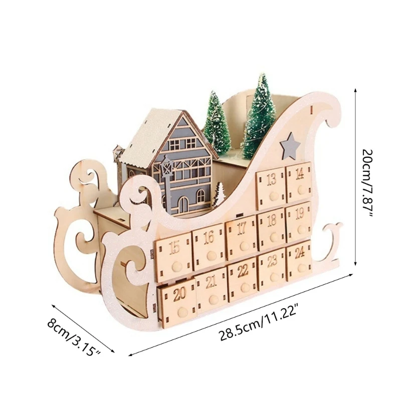 Tree House Sleigh Wooden Advent Calendar Countdown Christmas Party Decor 24 Drawers with LED Light Ornament
