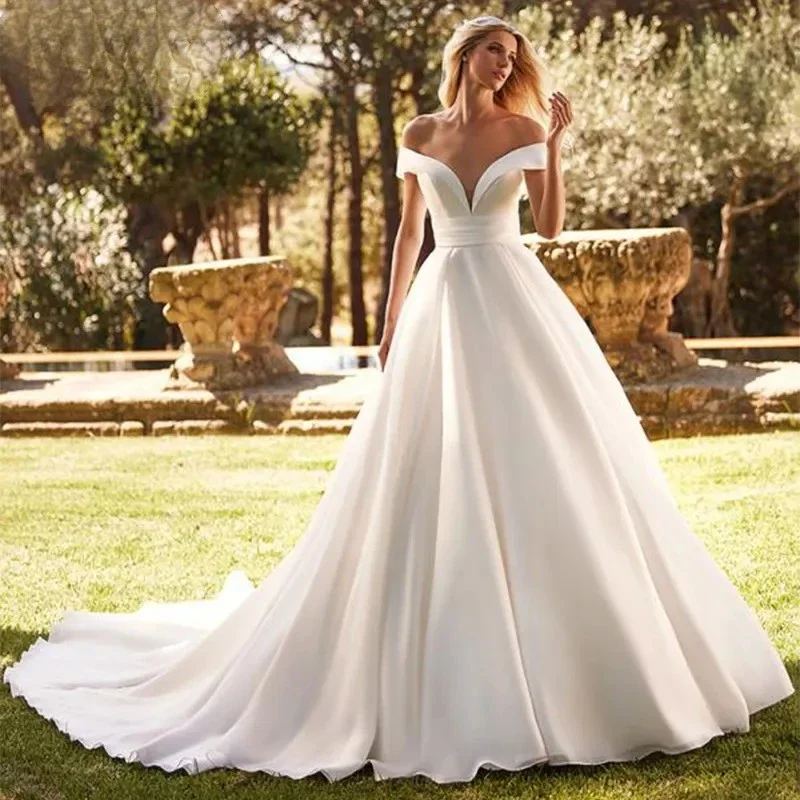 

MODERNXUAN Off the Shoulder Wedding Dress Elegant A-line V-neck vestidos de novia Court Train Buttons Custom Made For Women 2023