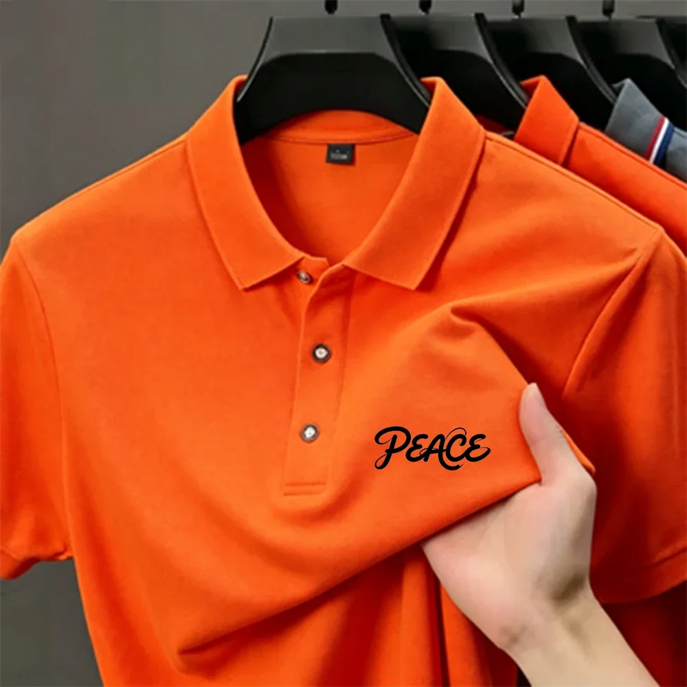 Polo da uomo con risvolto, stampa lettere corsive PEACE, in tessuto piqué traspirante, a maniche corte, casual, per tutti i giorni, da golf - immagine 4