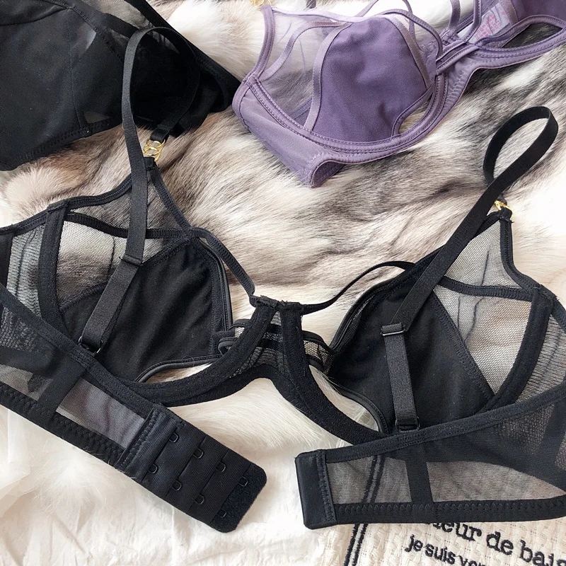 Sexy Hollow Lingerie Set French Ultra Thin Women Bra Summer Breathable Purple Plus Size 95CD Cup Underwear Push Up Brassiere