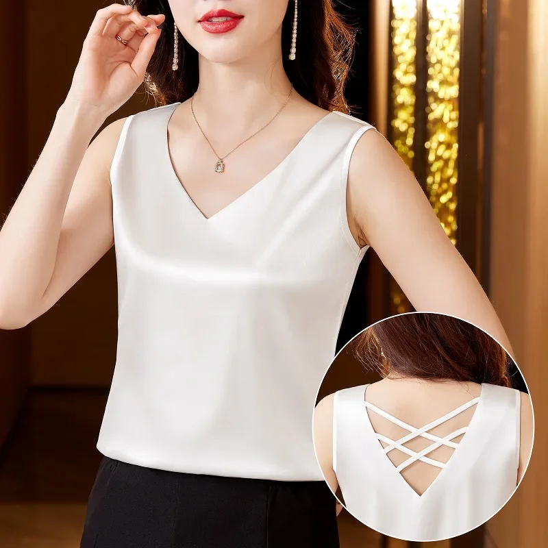 Silk Tank Tops Backless Blouse Women Satin Ladies Tops V-neck Hollow Out Womens Tops Basic Blouses Solid Fashion Women Clothing