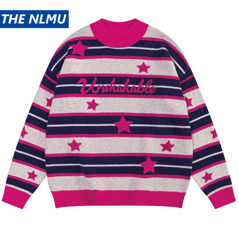 

2023 Fashion Striped Sweater Pullover Couple Star Graphic Knitted Sweaters Hip Hop Streetwear Y2K Knitwear for Man Women
