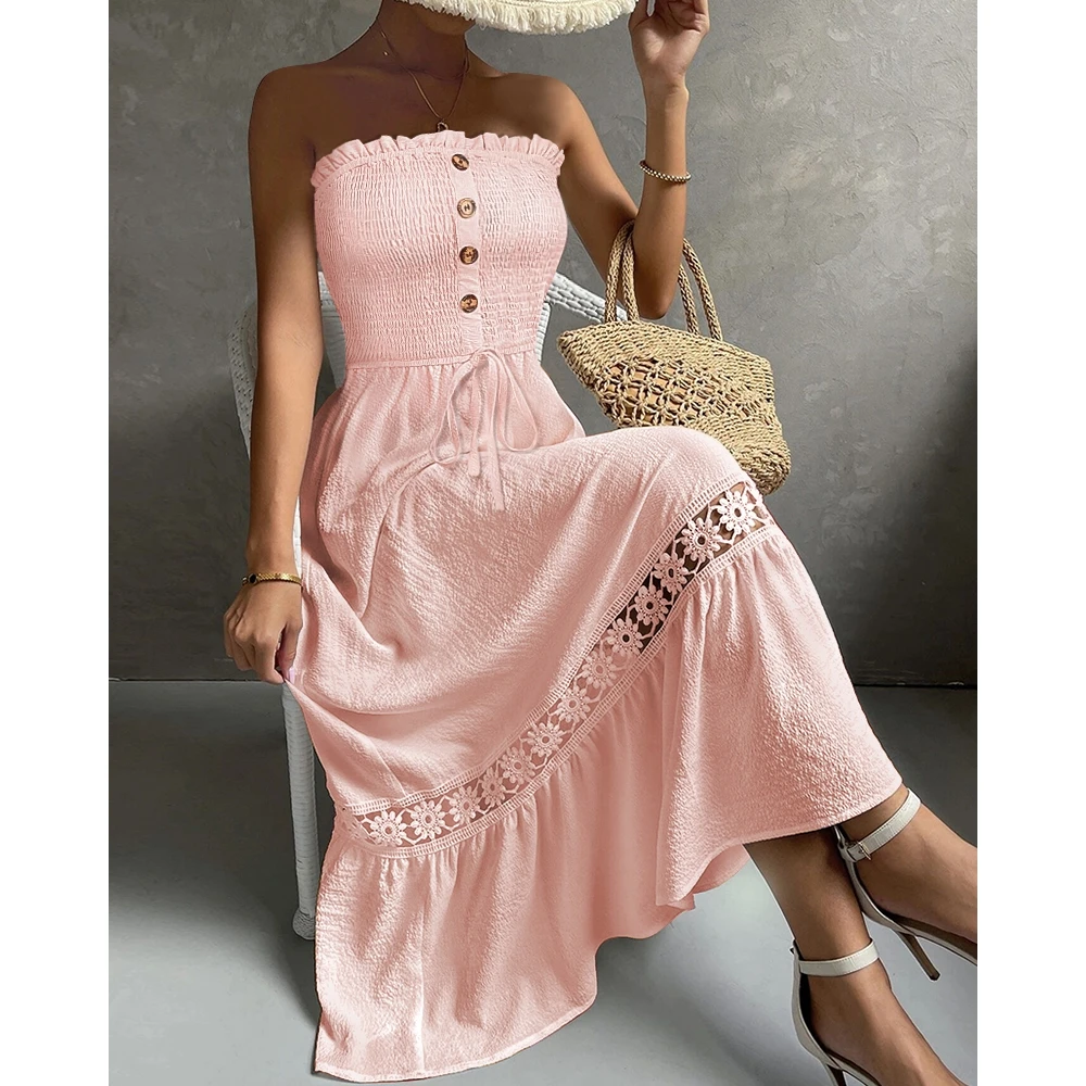 

Summer Women Ruched Bandeau Shirred Buttoned Design Lace Patch Maxi Dress Female Tied Detail Pink Dress Birthday Party Outfits