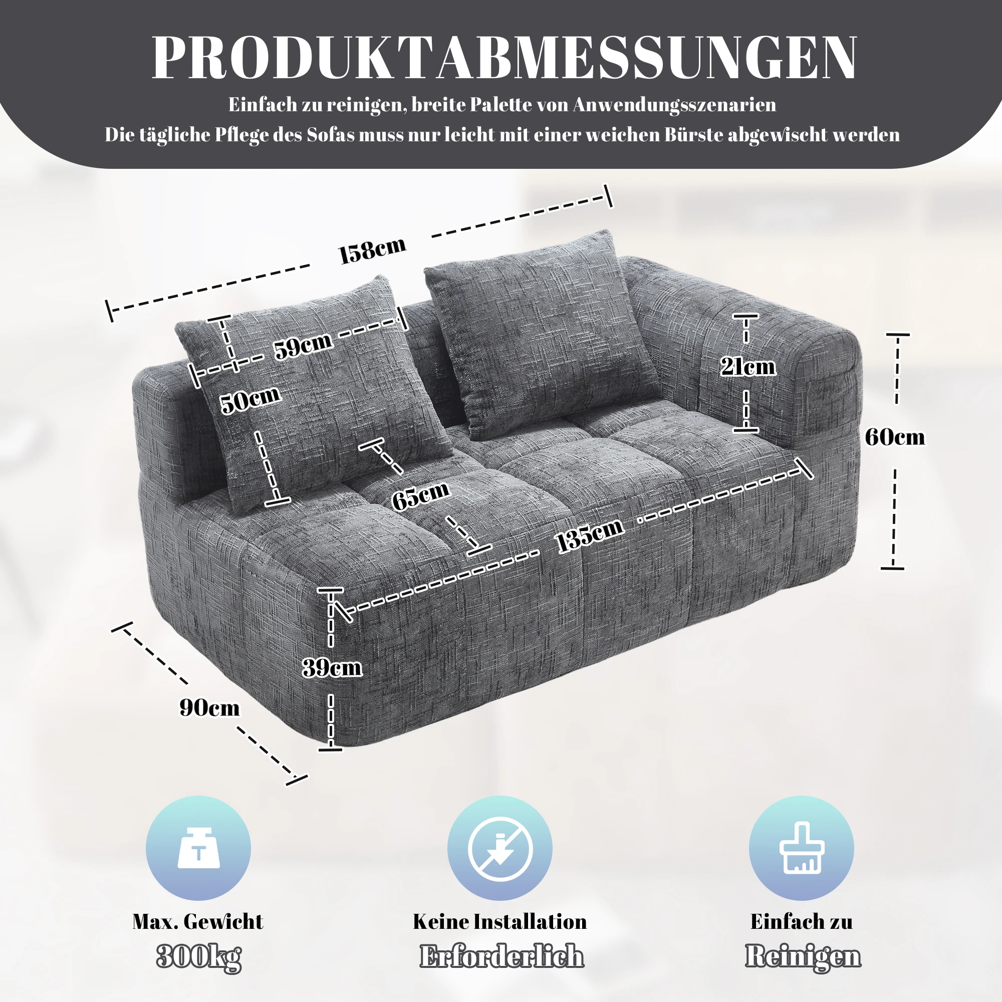 KOMHTOM Bequemes 2-Personen-Sofa, Kein Zusammenbau erforderlich, Flauschiges Kissen + Seitentaschen für Fernbedienung/Handy – Detail 10