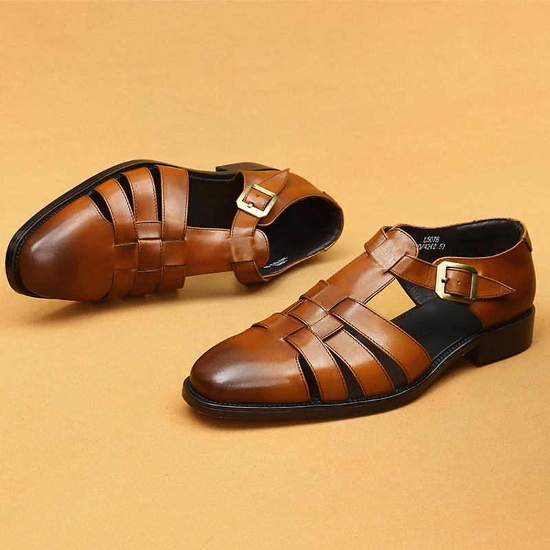 

Римские сандалии в стиле ретро. Летние деловые повседневные сандалии из воловьей кожи с верхним слоем, уличные туфли дерби из натуральной кожи