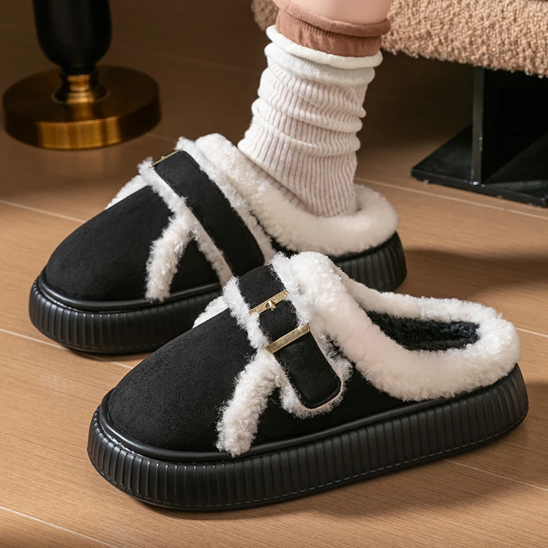 Thick Short Plush Warm Women's Slippers Korean Buckle Detor Cotton Slippers for Woman Platform Non Slip Cotton Shoes Women