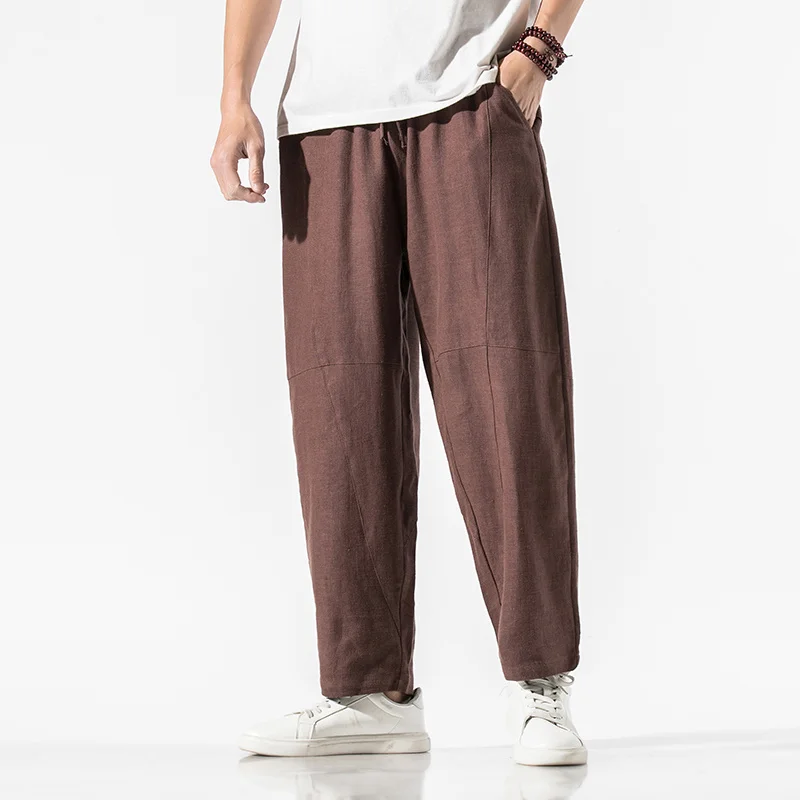 

Брюки мужские хлопково-льняные в китайском стиле, Свободные повседневные Прямые Штаны, модная одежда в стиле Харадзюку, большие размеры