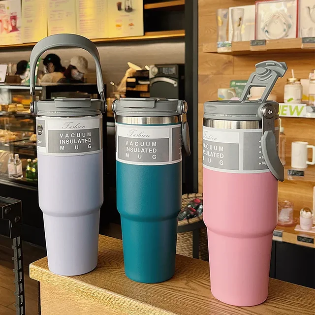 30oz Stainless Steel Straw Insulated Ice Cup Large Capacity Vacuum Flask Car Thermal Mug Tumbler Portable Insulated Coffee Cup