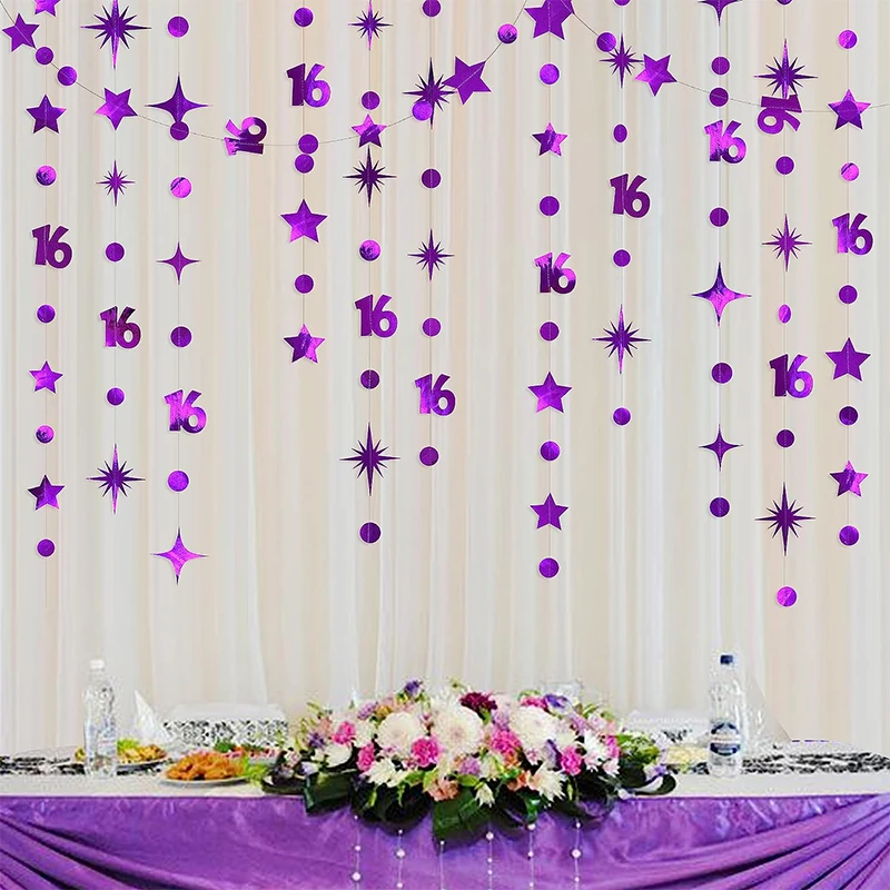 

Purple Sweet 16 Birthday Anniversary Banner Decorations Number 16 Circle Twinkle Star Paper Garland Hanging Party Streamer Decor
