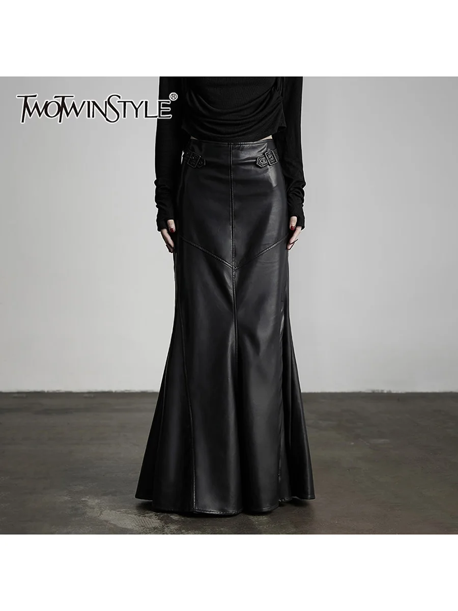 TWOTWINSTYLE Solid Splliced Belt Fashion Leather Skirts for Women High Waist Patchwork Rivets Split Skirt Female Clothing New