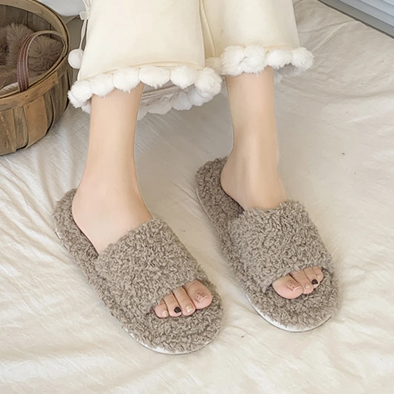 2025 Simple Faux Fur House Slippers Women Indoor Open Toe Non Slip Fluffy Slides Woman Comfort Soft Sole Warm Home Shoes Feamle