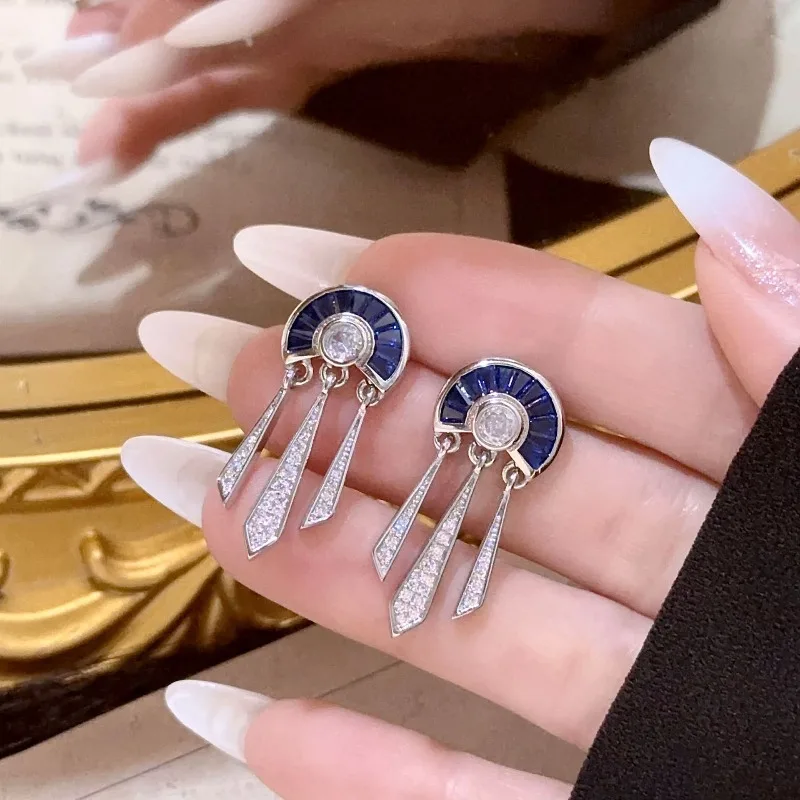 Creative Roman trapezoidal blue crystal tassel earrings for women light luxury trend retro style elegant earring jewelry