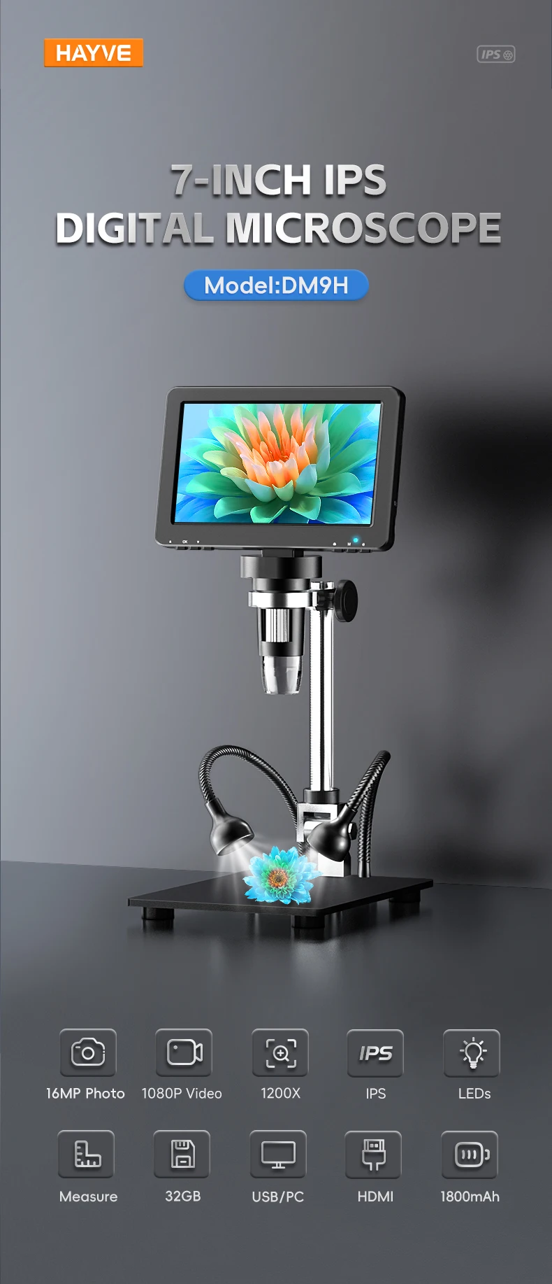 1200X HDMI Microscope with 7 inch IPS Screen 16MP Digital Microscope with 10 LED