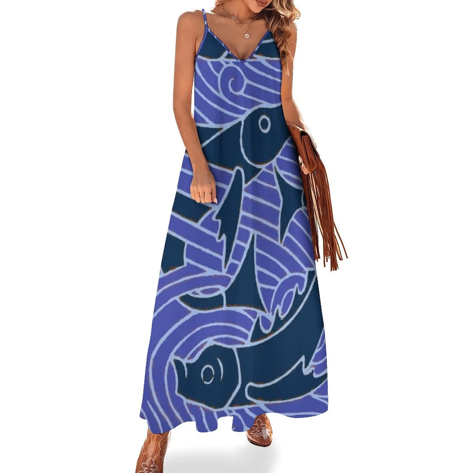 

Blue fish Swimming Waves swimming art graphic design Sleeveless Dress luxury evening dress woman for wedding dress summer
