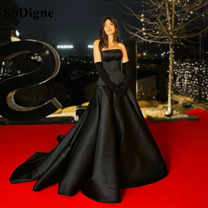 Classic Long Black Satin Prom Dresses Strapless Evening Dress Mermaid Celebrity Carpet Night Dresses Party Gowns