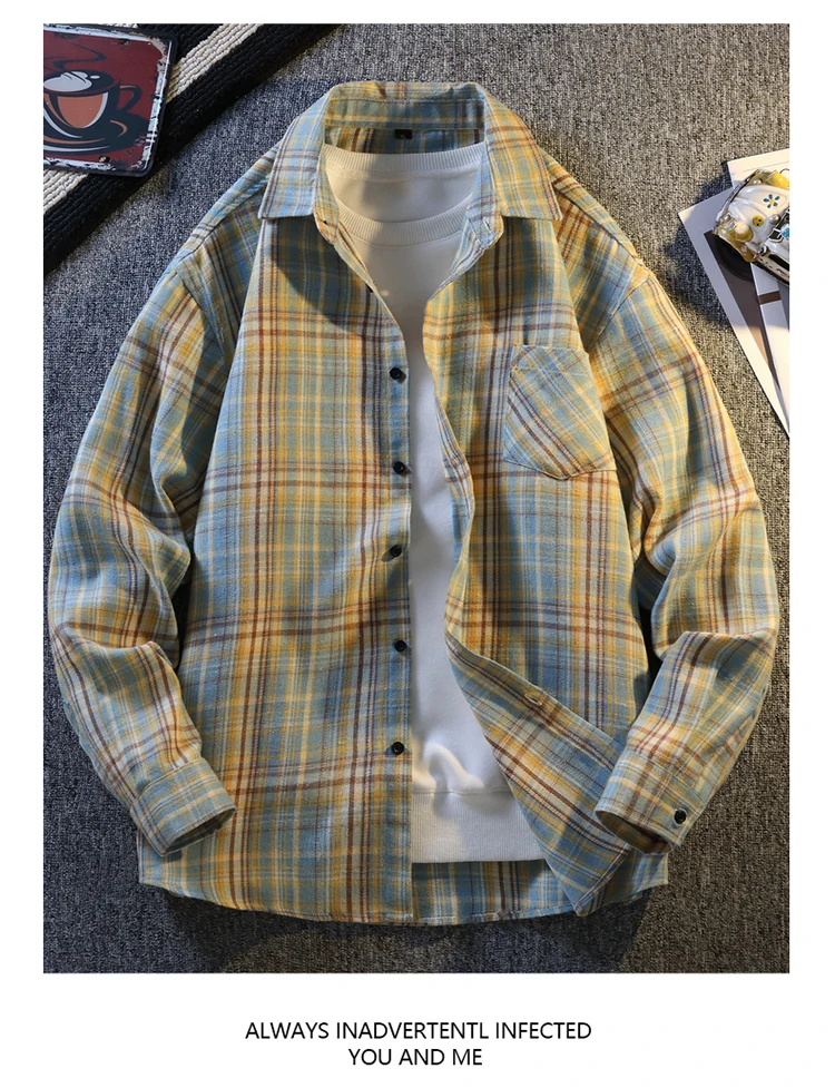 Männer Kariertes Hemd Jacke Casual Lange ärmeln Streetwear Junge Erwachsene Koreanische Mode High Street Outwear Frühling Mann Kleidung top – Detail 15
