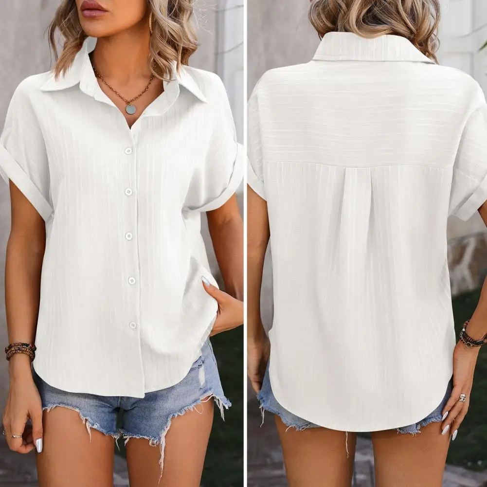 Lightweight Women Shirt Stylish Women's Spring Summer Shirts Lapel Short Sleeve Solid Color Shirt V Neck Roll Up Sleeve for Her