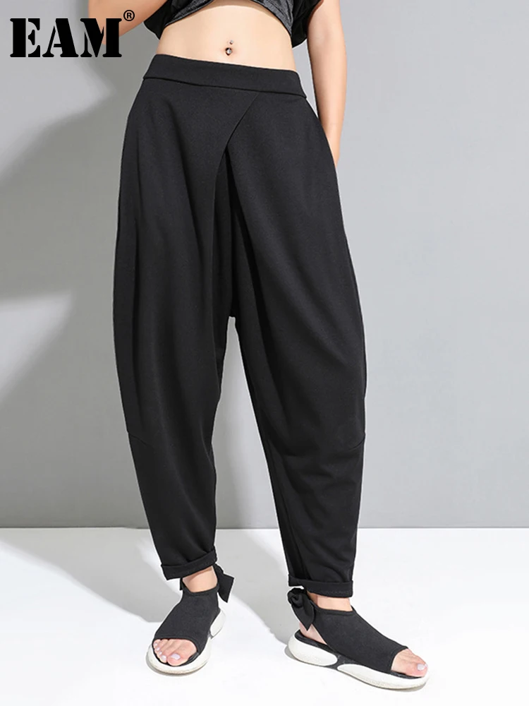 [EAM] High Elastic Waist Black Pockets Casual Harem Pants New Loose Fit Trousers Women Fashion Tide Spring Autumn 2026 1DF4685