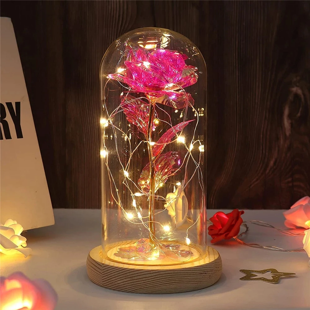 Gold Foil Rose Lasts Forever in Glass Dome with Led Lights Gift for Mothers Day Valentine's Day Birthday Party Anniversary Home