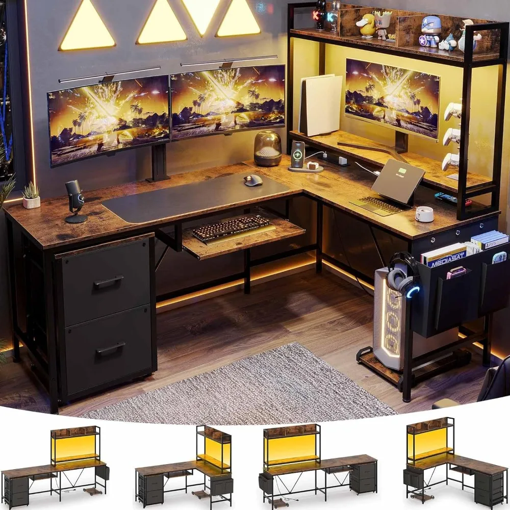 L Shaped Gaming Desk, Reversible Corner Computer Desk with Power Outlet & Led Strip Home Office Desks Drawer File Cabinet Keyboa corner cabinet sonoma oak 33x33x100 cm chipboard