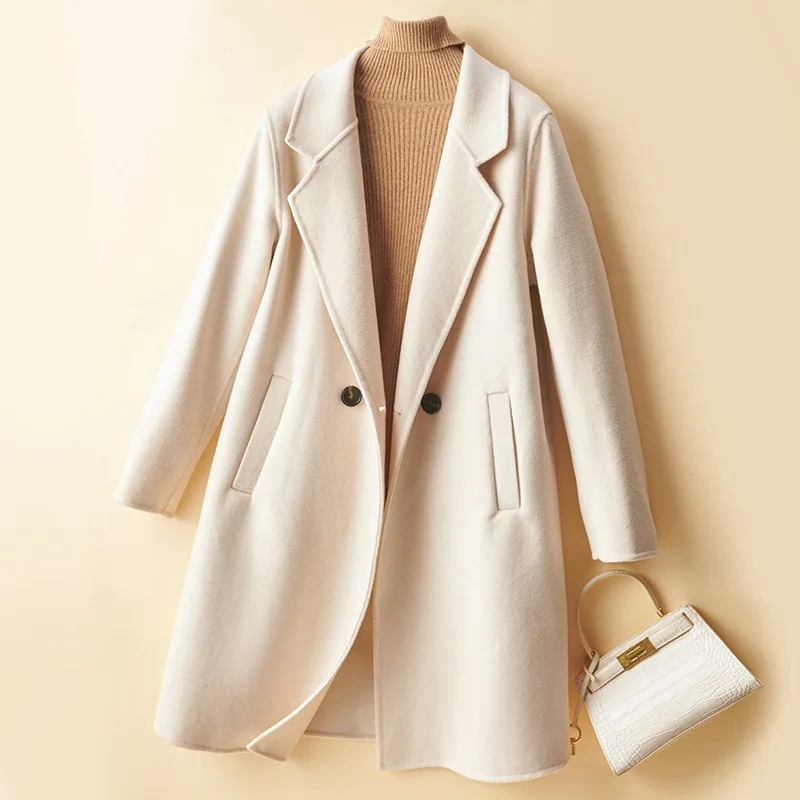2023 Winter New Women Double-Sided Wool Overcoat Female Mid-Length Temperament Slim Fit Woolen Outwear Pure Color Casual Outcoat