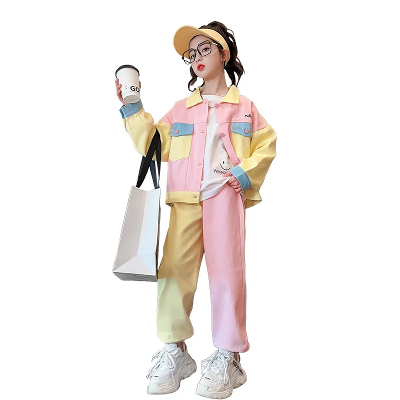 

Girls Clothes Fashion Patchwork Jacket Sweet Set Spring New Casual Top + Two-tone Pant 2pcs Children's Clothing for Teens 4-14 Y
